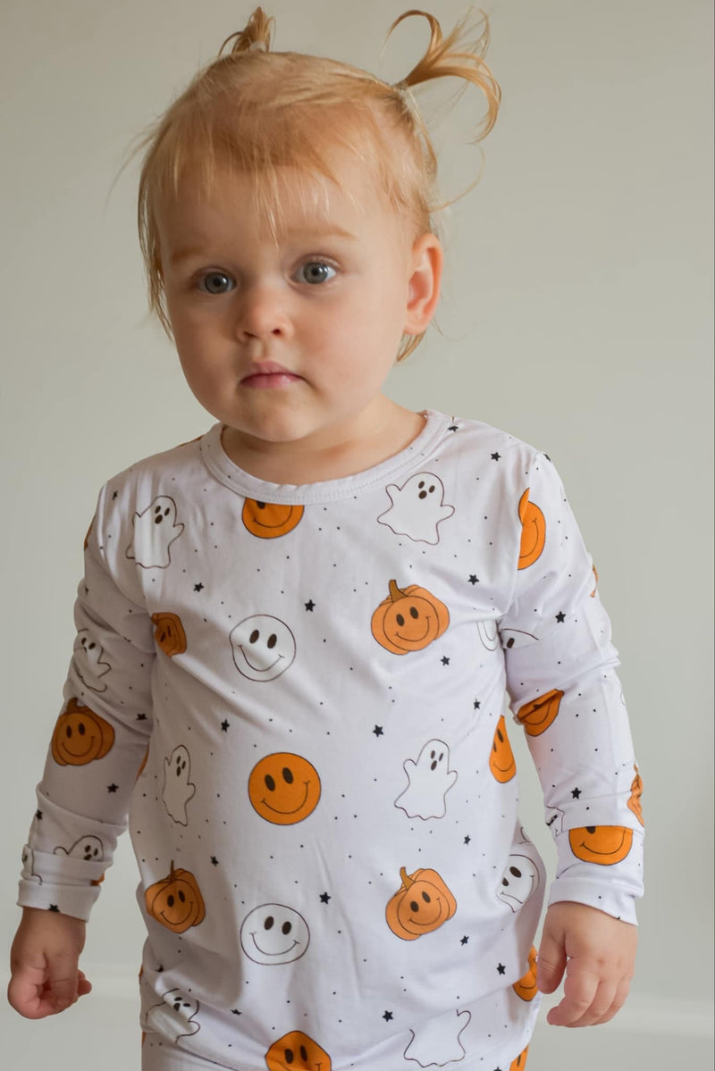 Load image into Gallery viewer, Pumpkin Ghost Smileys Bamboo Romper/ 2 Piece Set
