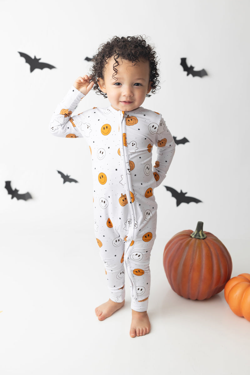 Load image into Gallery viewer, Pumpkin Ghost Smileys Bamboo Romper/ 2 Piece Set
