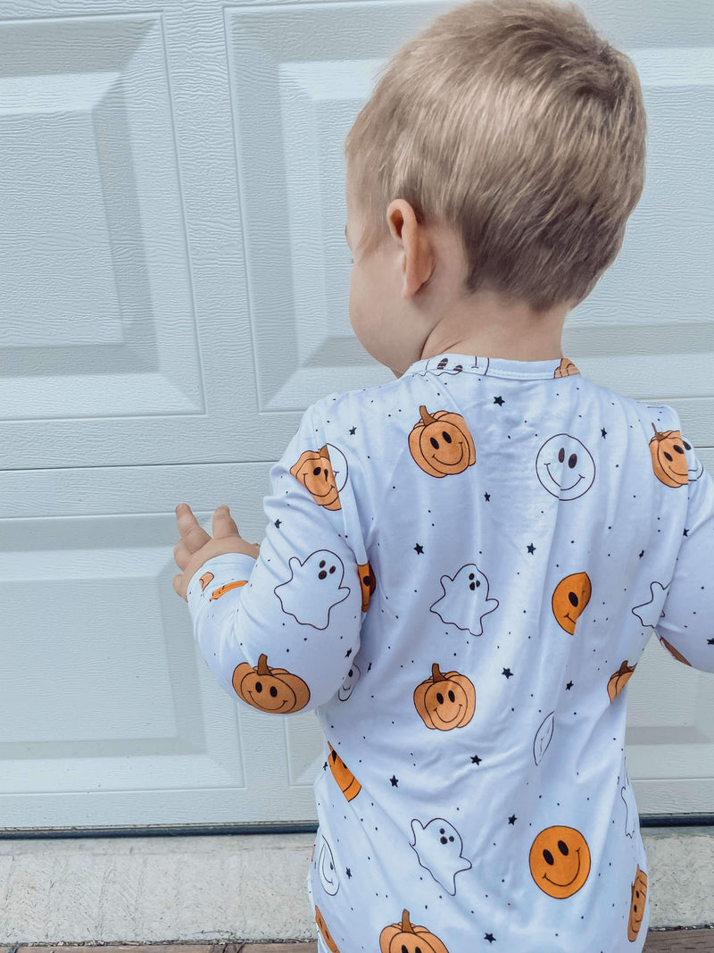 Load image into Gallery viewer, Pumpkin Ghost Smileys Bamboo Romper/ 2 Piece Set
