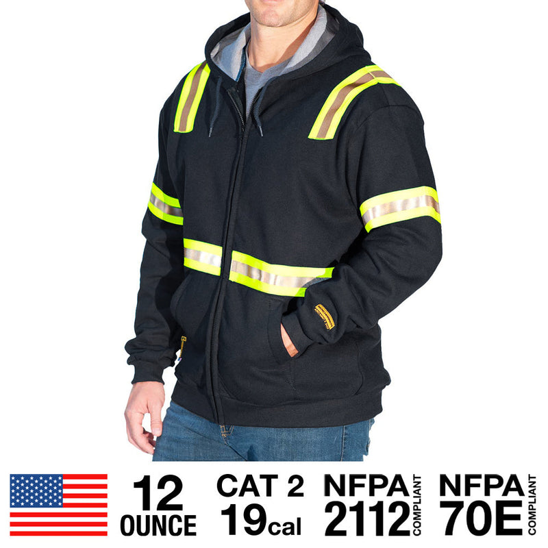 Load image into Gallery viewer, Black FR Zip Up Hoodie With HiVis Striping
