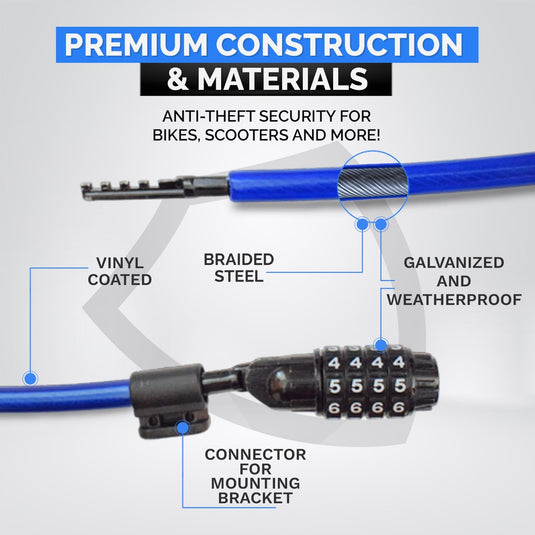 DocksLocks® Bike and Scooter Straight Security Cable Lock with Resettable Combination and Mounting Bracket (2' or 4')