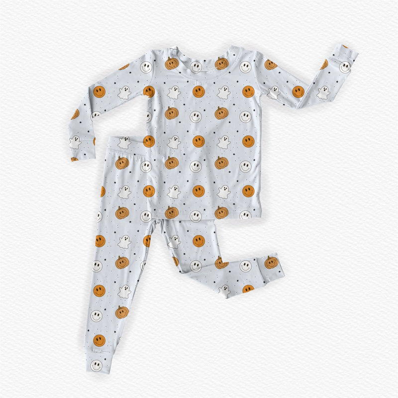 Load image into Gallery viewer, Pumpkin Ghost Smileys Bamboo Romper/ 2 Piece Set
