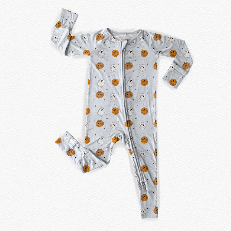 Load image into Gallery viewer, Pumpkin Ghost Smileys Bamboo Romper/ 2 Piece Set
