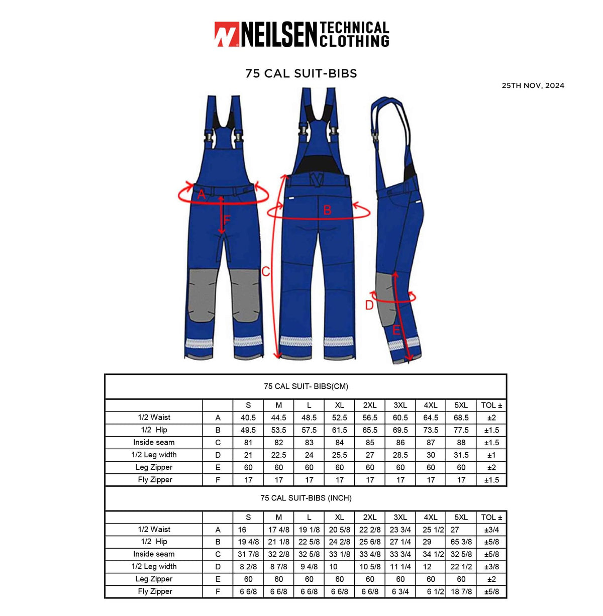 HIGH VOLTAGE 75 CAL PY75BB SWITCH SUIT BIB TROUSER BLUE PYRAD® Fabric by GORE-TEX LABS size chart