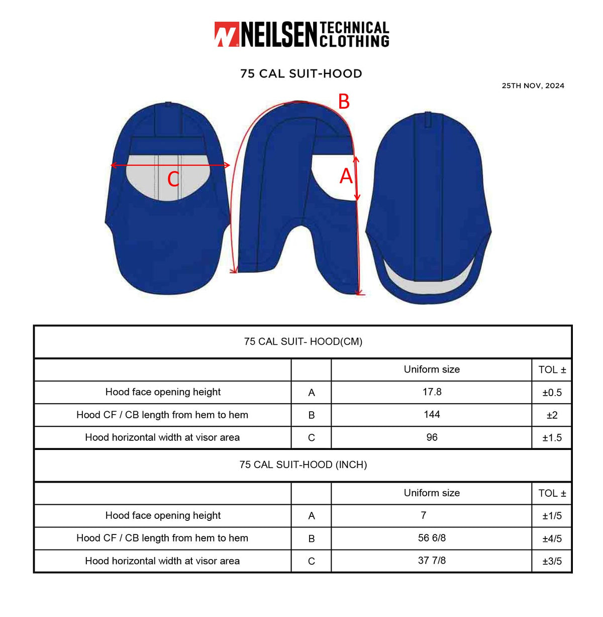 HIGH VOLTAGE 75 CAL PY75H SWITCH SUIT FIXED SHIELD HOOD/SHROUD BLUE PYRAD® Fabric by GORE-TEX LABS size chart