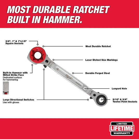Lineman's 5in1 Ratcheting Wrench w/ Milled Strike Face