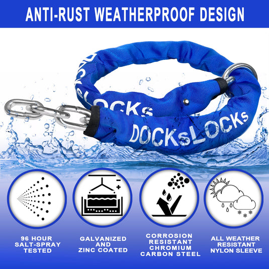 DocksLocks® Heavy Duty Cinch Style 8mm Security Chain - (3ft, 6ft or 10ft) - Weatherproof and Cut Proof with Short Shackle U-Lock