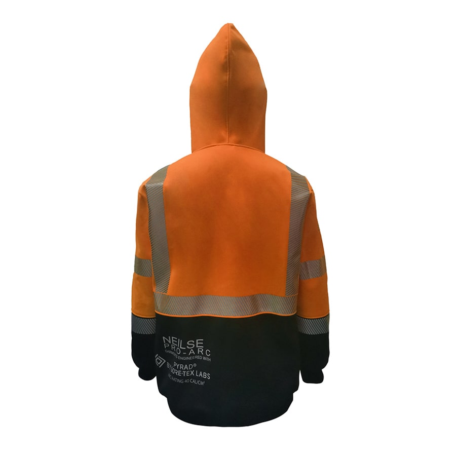 Neilsen FR/ARC Rated Hi-Vis Orange/Black Softshell Fleece Hoodie made with PYRAD® WINDSTOPPER® Fabric by GORE-TEX LABS