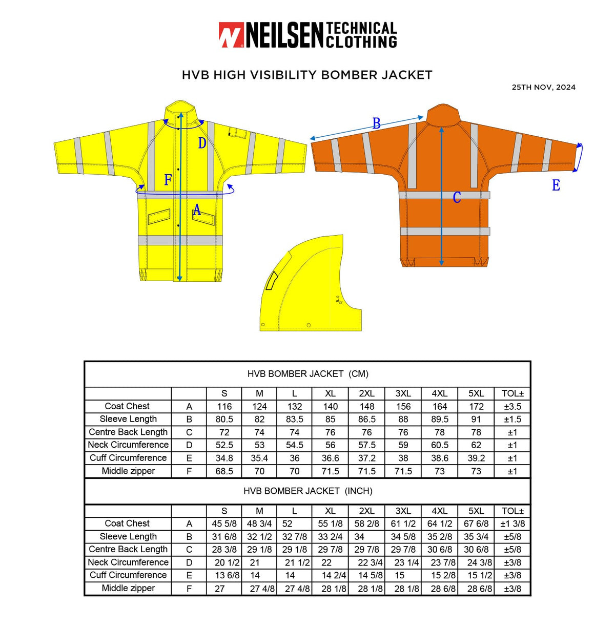 GORE-TEX HVB Rainwear High Visibility Bomber Jacket Yellow size chart