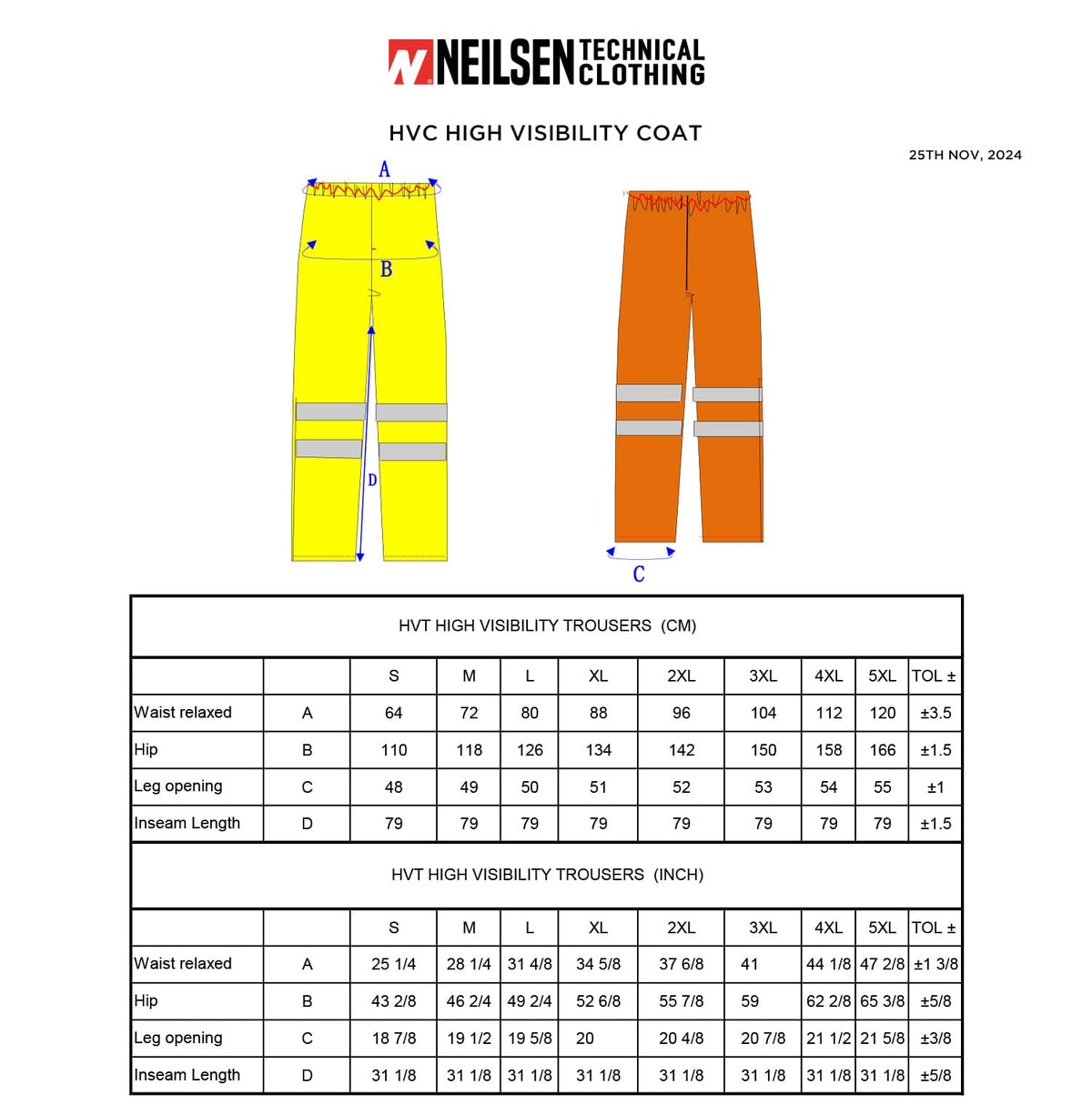 GORE-TEX HVT Yellow Rainwear High Visibility Trouser size chart