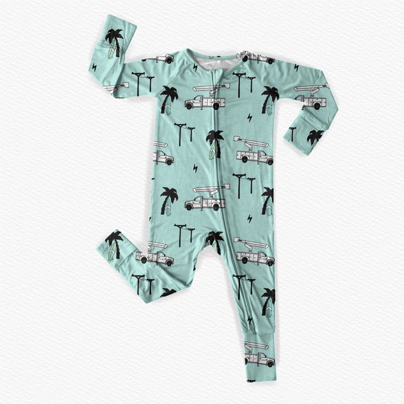 Load image into Gallery viewer, Powerlines &amp; Palm Trees Bamboo Romper/ 2 Piece Set
