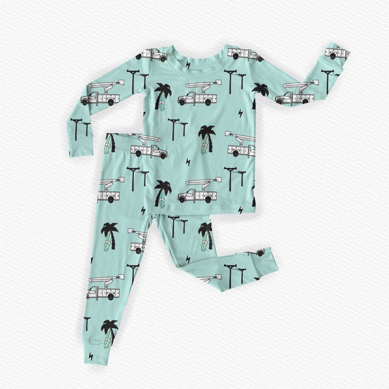 Load image into Gallery viewer, Powerlines &amp; Palm Trees Bamboo Romper/ 2 Piece Set
