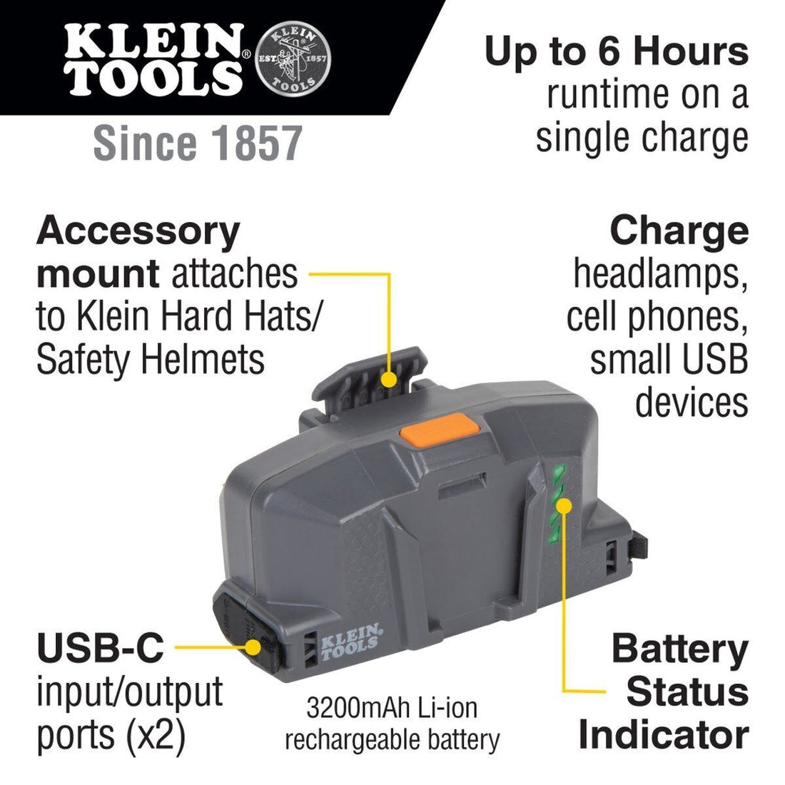 Klein 29025 Modular Rechargeable Battery for Hard Hat Cooling Fan and USB-C Devices (USB-C Cable)