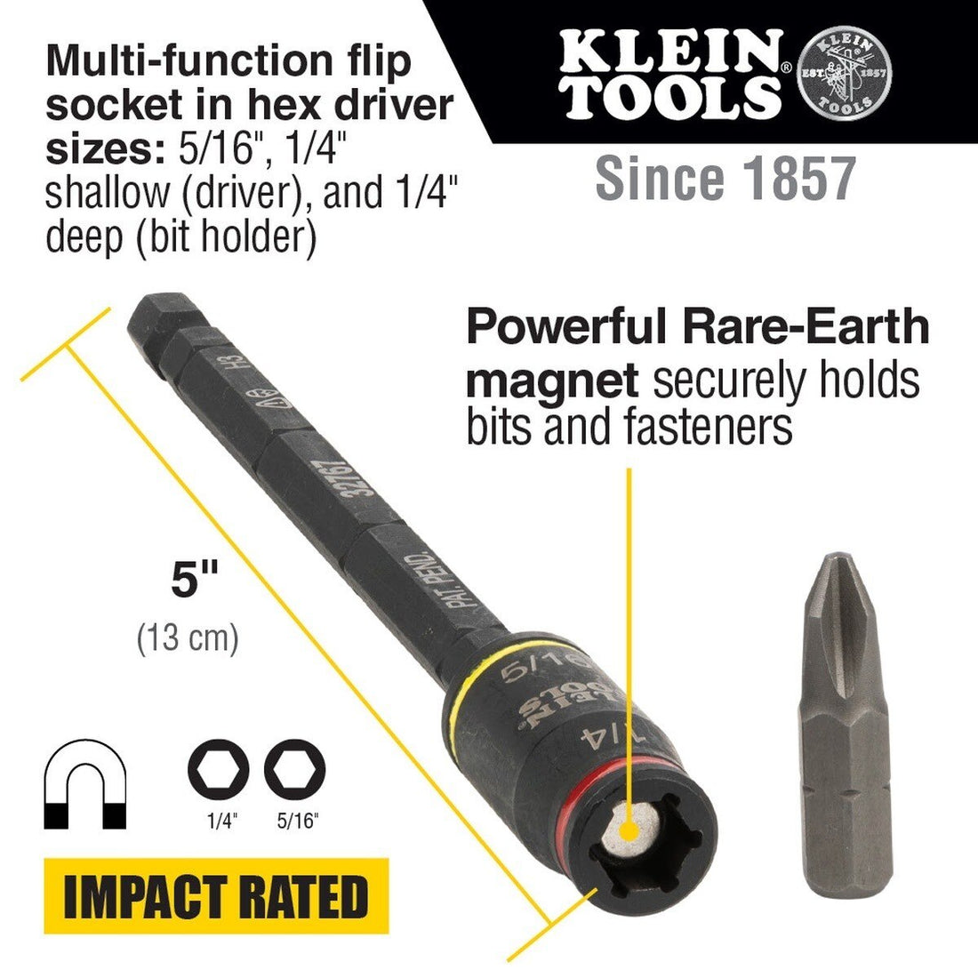 Klein 32767 3-in-1 Impact Flip Socket, 1/4 Inch and 5/16 Inch, 5 Inch Length