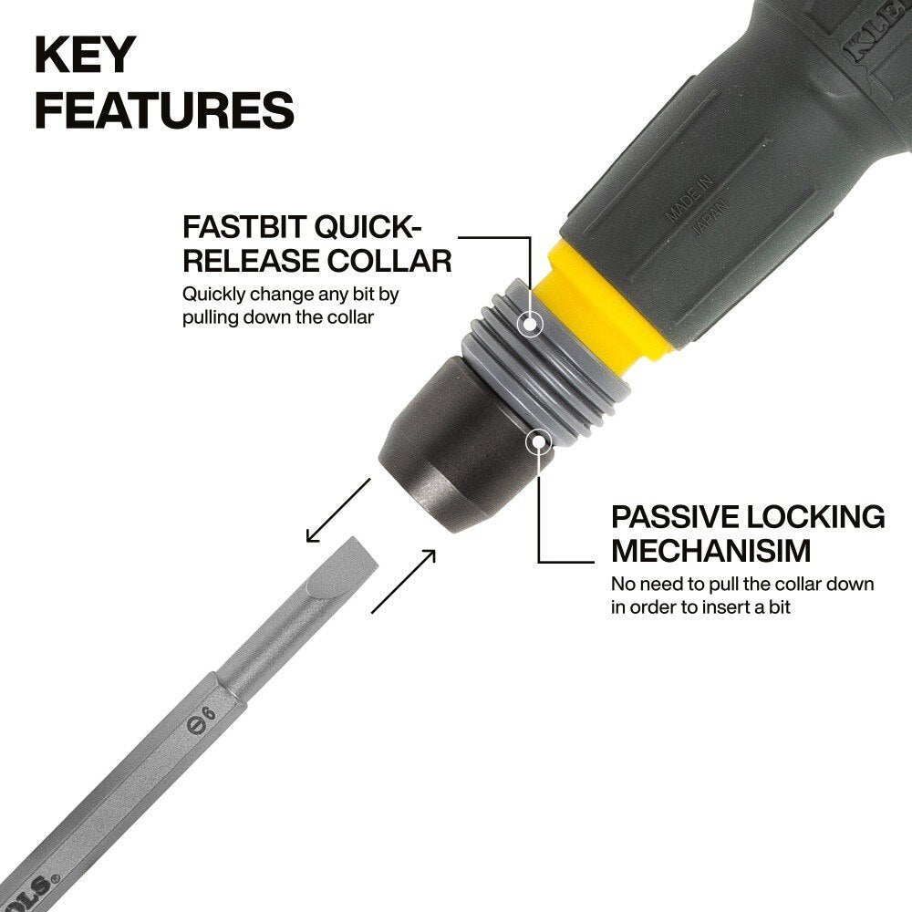 Klein 32960A Fastbit Tru-Grip Screwdriver with Quick-Release Collar, #2 Phillips & 6 mm Slotted Tips