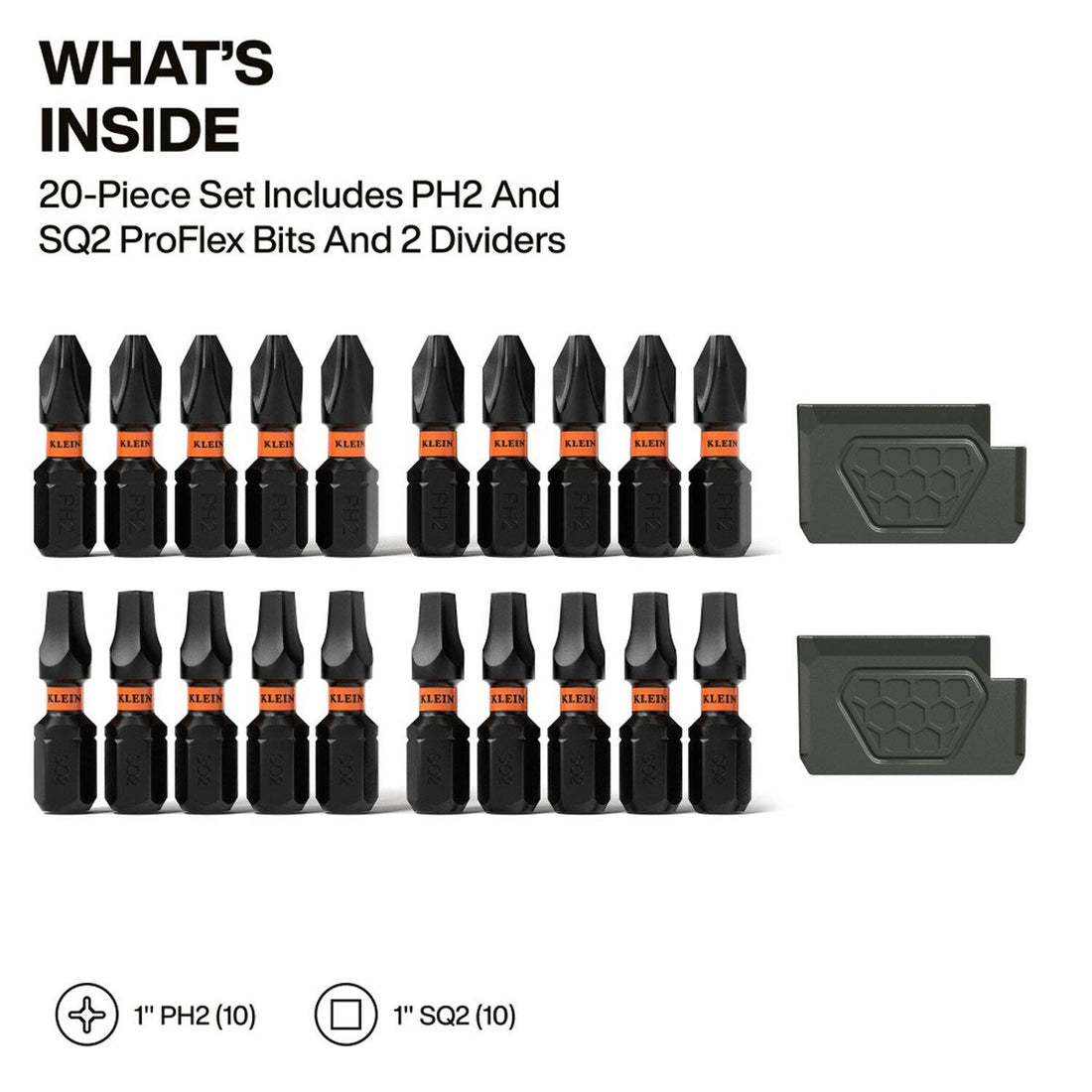 Klein 33002S Slim ProFlex Impact-Rated Bit Set PH2 and SQ2 with Slim Storage Case (20-Piece)