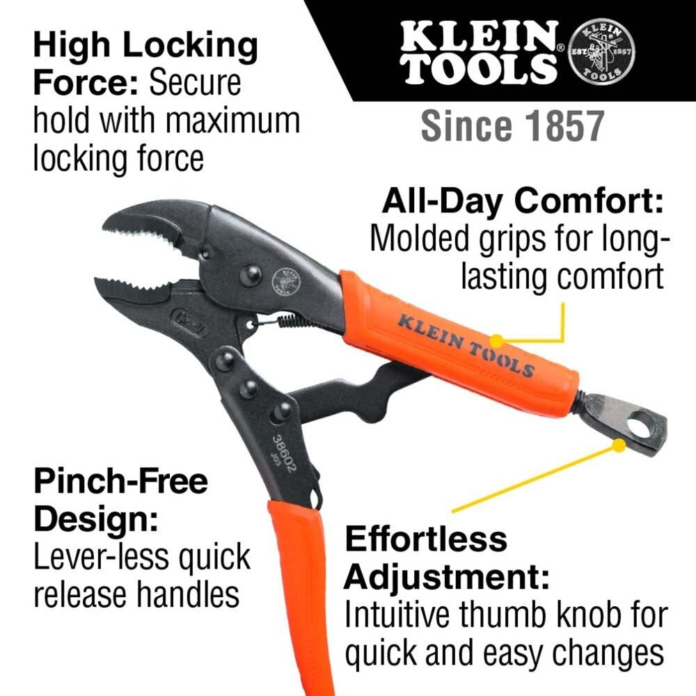 Klein 38665 Locking Pliers, Long Nose 6-Inch, Curved Jaw 7- and 10-Inch, 3-Piece