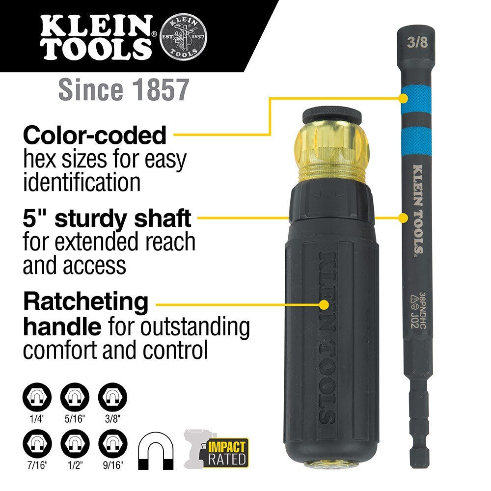 Klein 38PNDHC 3/8" Hollow Magnetic Color-Coded Power Nut Driver