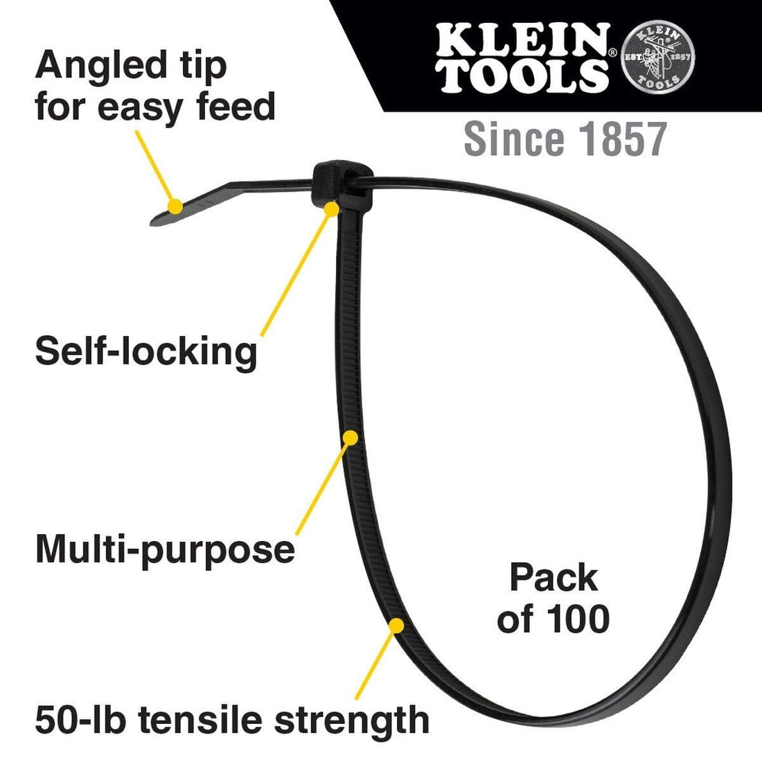 Klein 450-200 Cable Ties, 50 lb Tensile Strength, 7.75 Inch, Black (100 Pack)