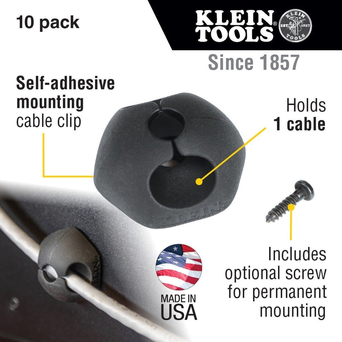 Klein 450-400 Self-Adhesive Cable Mounting Clips, 1 Slot (10 Pack)