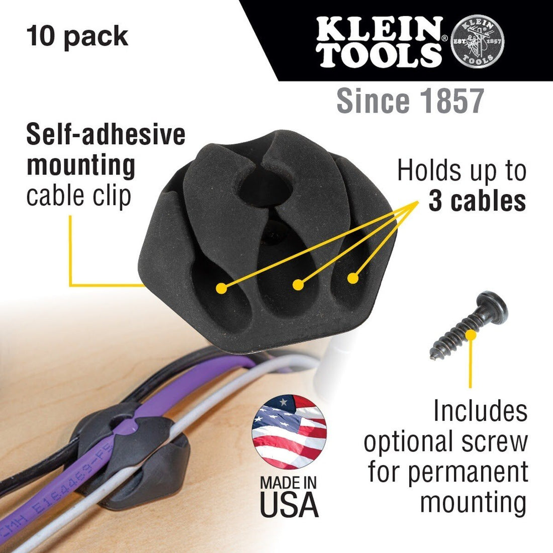 Klein 450-410 Self-Adhesive Cable Mounting Clips, 3-Slot (10 Pack)