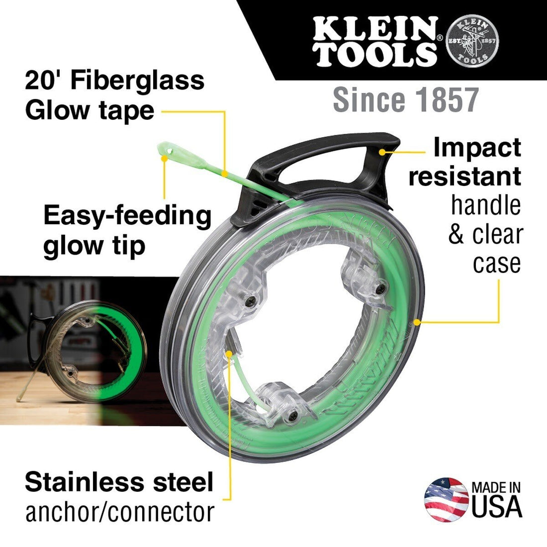 Klein 50550 Glow in the Dark Fiberglass Fish Tape with Clear Case and Nylon Glow Tip (20-Foot)