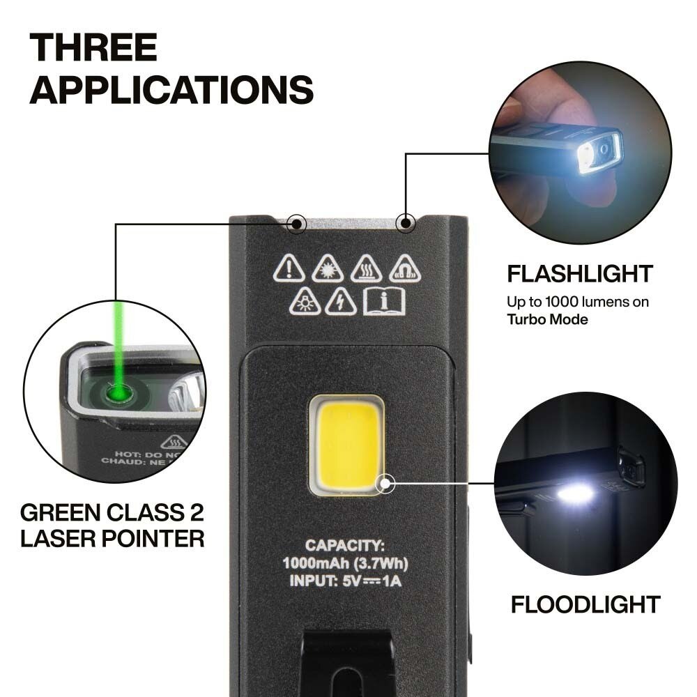 Klein 56074 Klein Slim-Profile LED Pocket Flashlight with Laser Rechargeable USB-C Compact Design