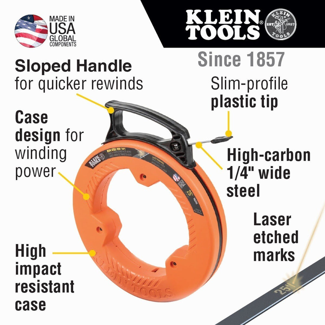 Klein 56335 Wide Steel Fish Tape, 1/4-Inch x 25-Foot