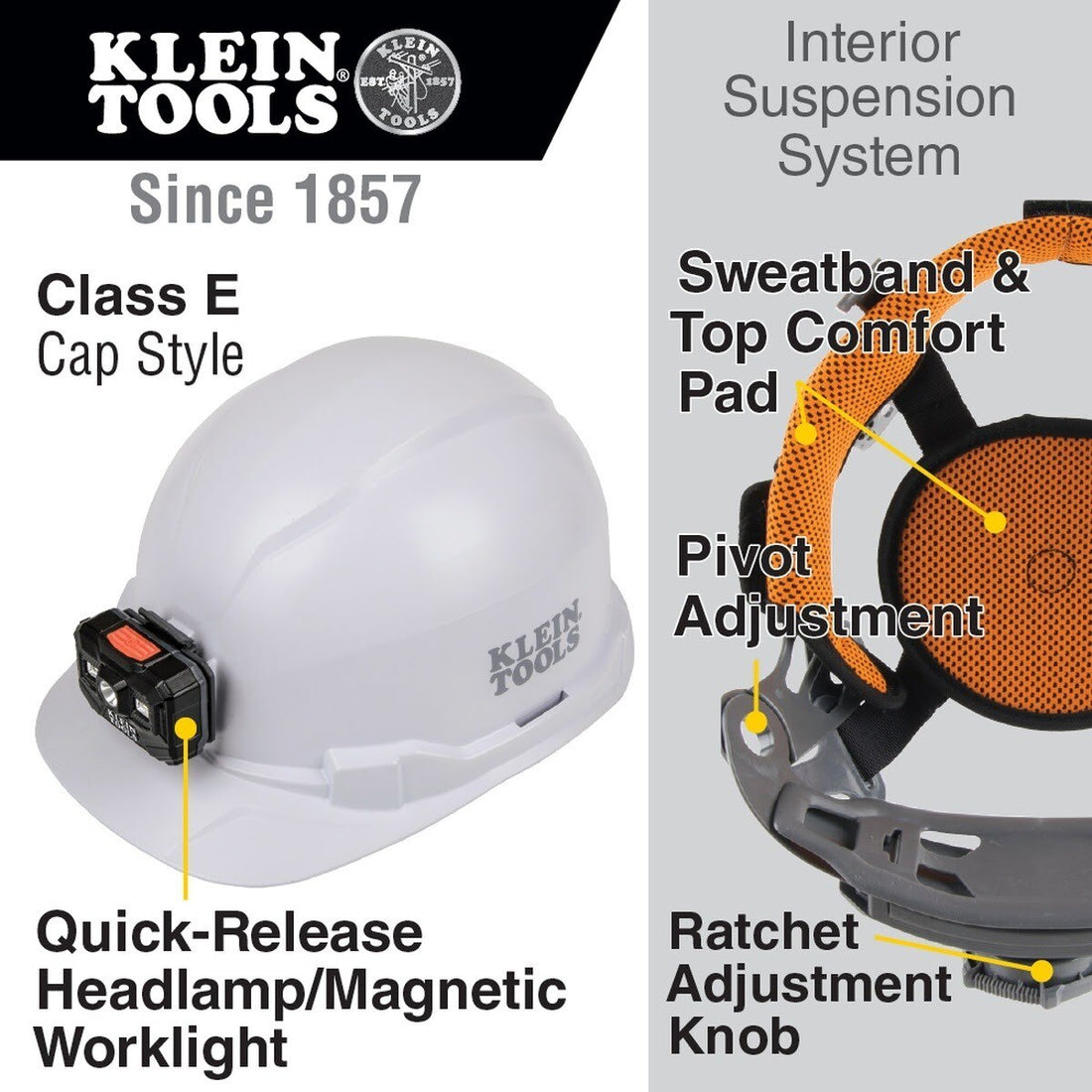 Klein 60107RL Hard Hat, Non-Vented, Cap Style with Rechargeable Headlamp, White