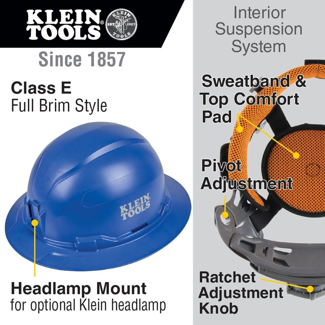 Klein 60249 Hard Hat, Non-Vented, Full Brim Style, Blue (Each)