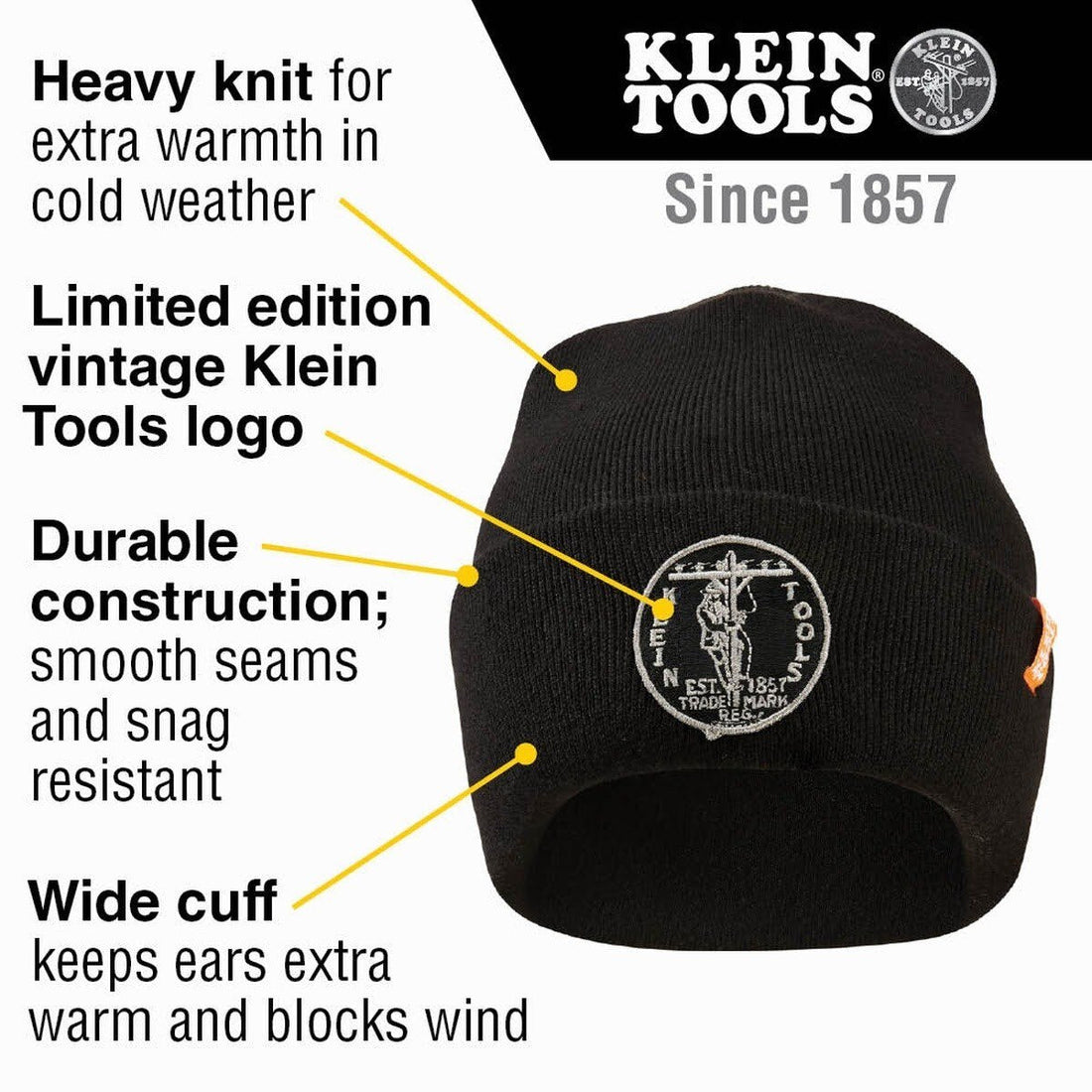 Klein 60388 Heavy Knit Hat, Black, Vintage Patch Logo (One Size Fits Most)