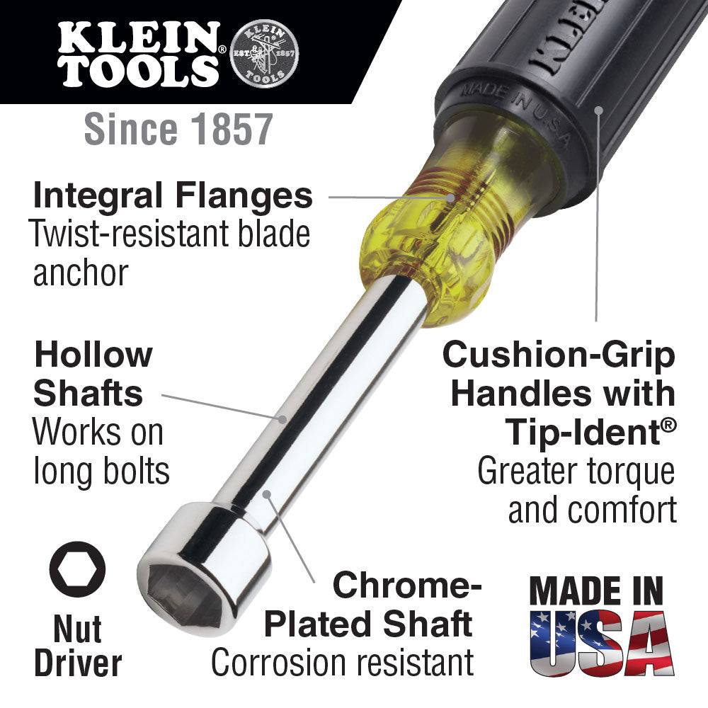 Klein Tools 633 Nut Driver Set 3" Shafts, Cushion Grip, 4-Piece
