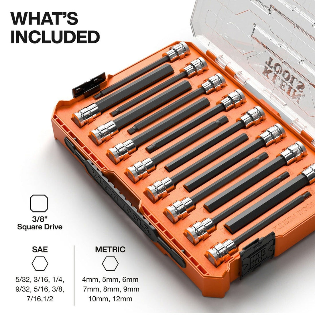 Klein 652216HEXL Long Hex Bit Socket Set, SAE and Metric for Fastening and Driving (16 Piece)