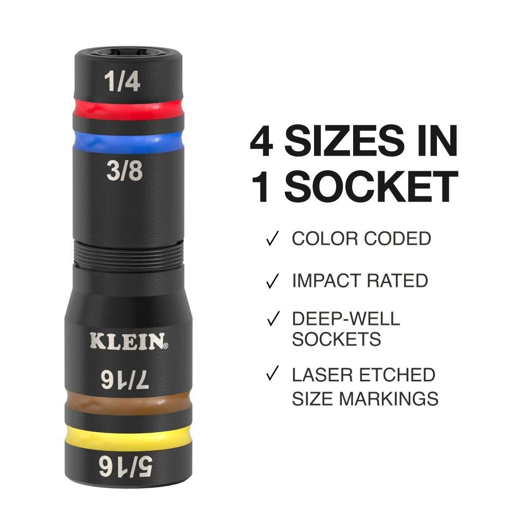 Klein 652QS Quad-8 Deep-Well Heavy-Duty Impact Flip Sockets, SAE (3 Piece)