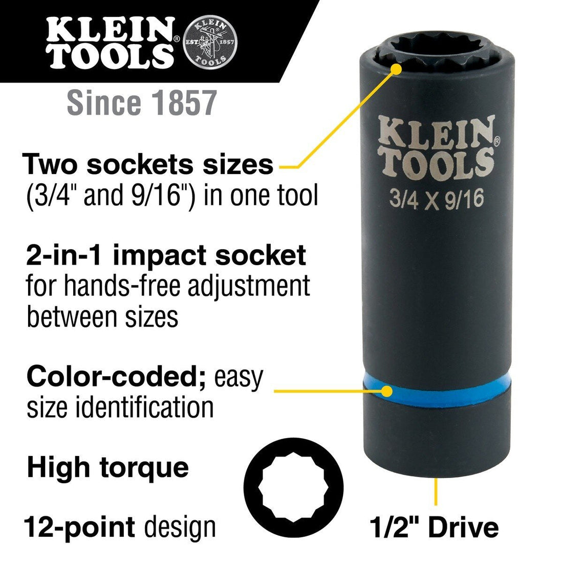 Klein 66001 2-in-1 12-Point Impact Socket 3/4" and 9/16"
