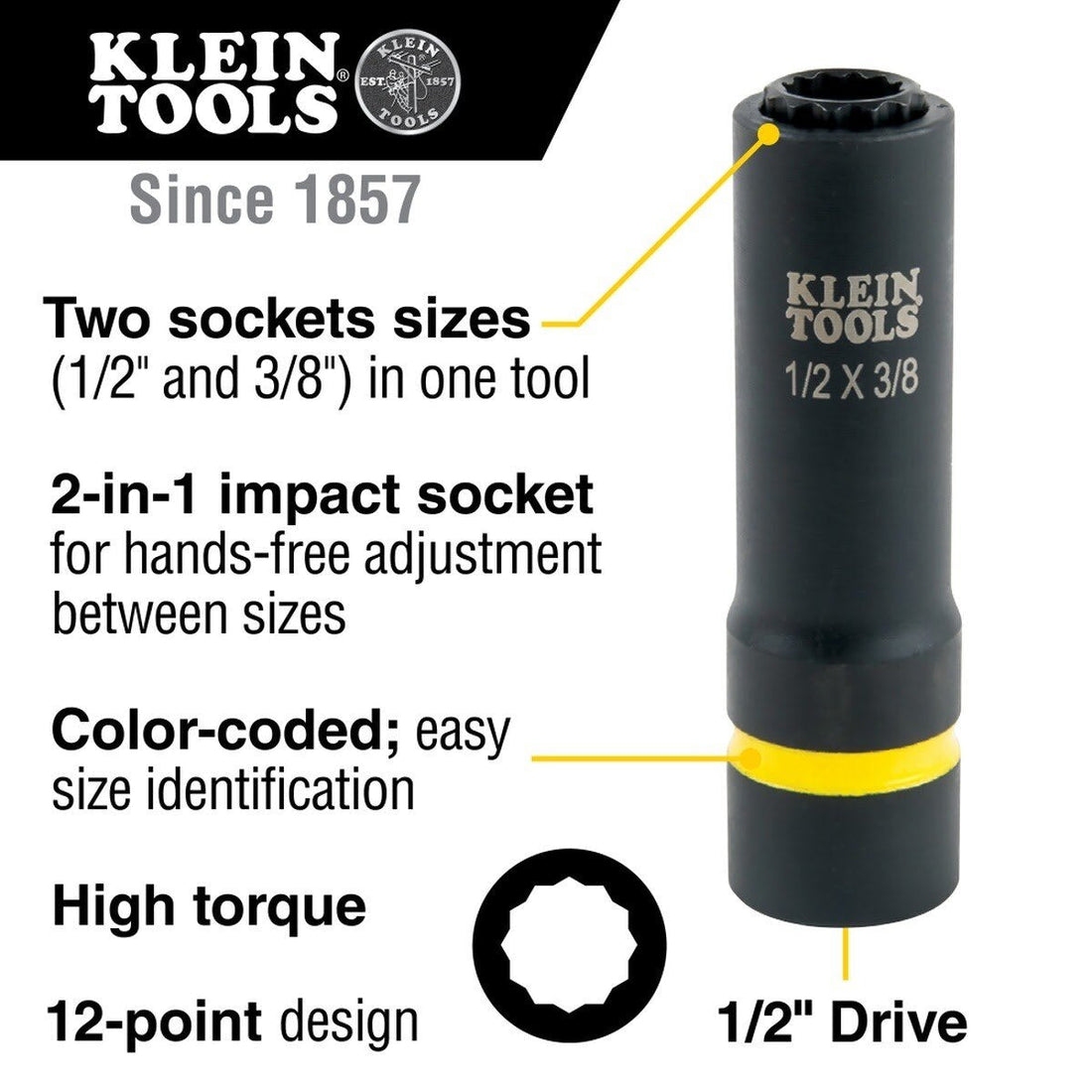 Klein 66011 2-in-1 12-Point Impact Socket, 1/2 in. and 3/8 in. Sizes
