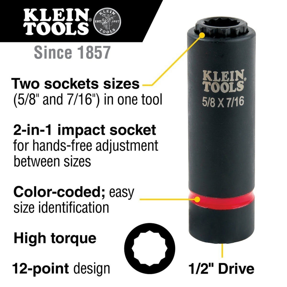 Klein 66012 2-in-1 12-Point Impact Socket, 5/8 in. x 7/16 in., 1/2 in. Drive