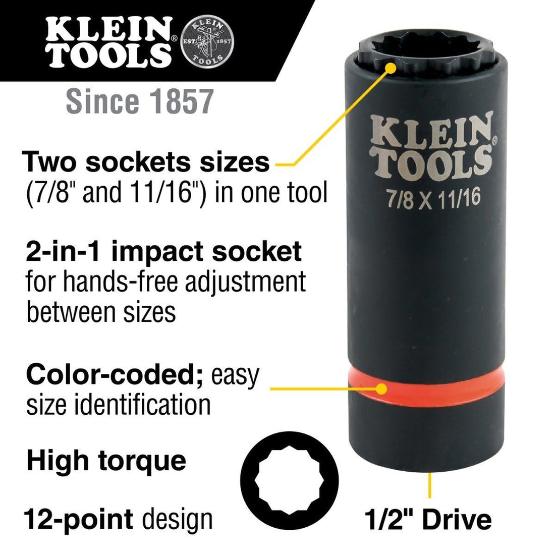 Klein 66014 2-in-1 12-Point Impact Socket, 7/8 in. x 11/16 in., 1/2 in. Drive (Each)