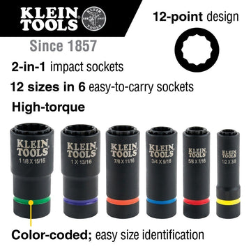 Klein 66015 2-in-1 Impact Socket, 12-Point, 1 in. and 13/16 in., 1/2 in. Drive