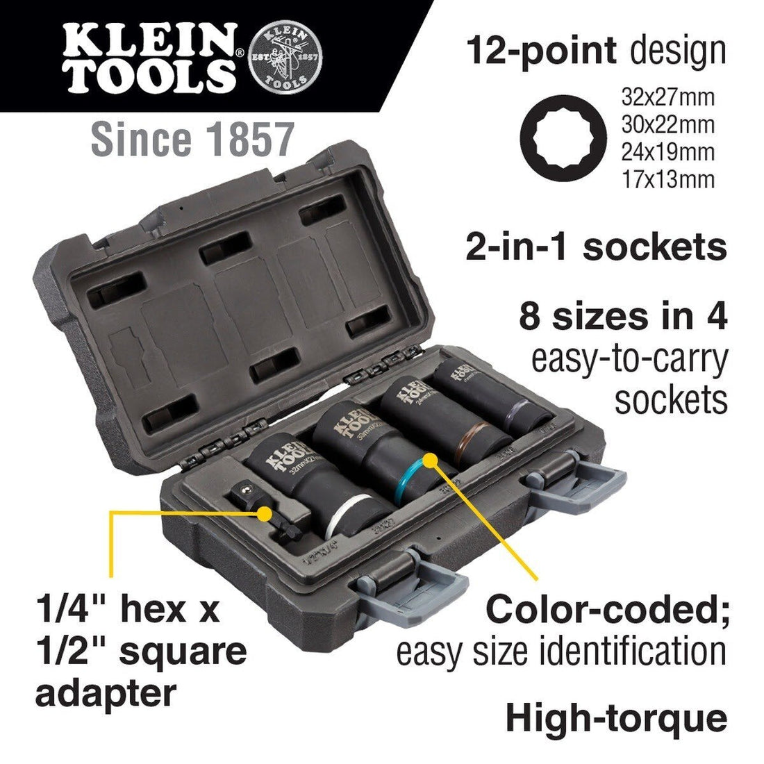 Klein 66050E 2-in-1 Metric Impact Socket Set, 12-Point (5 Piece)