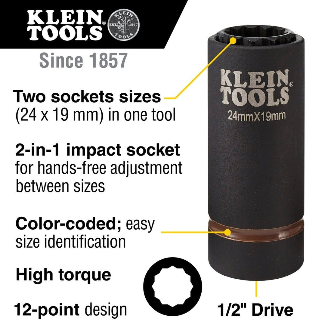 Klein 66052E 2-in-1 Metric 12-Point Impact Socket, 24 x 19 mm, 1/2 in. Drive