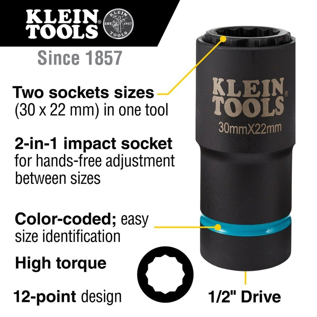 Klein 66053E 2-in-1 Metric Impact Socket, 12-Point, 30 x 22 mm