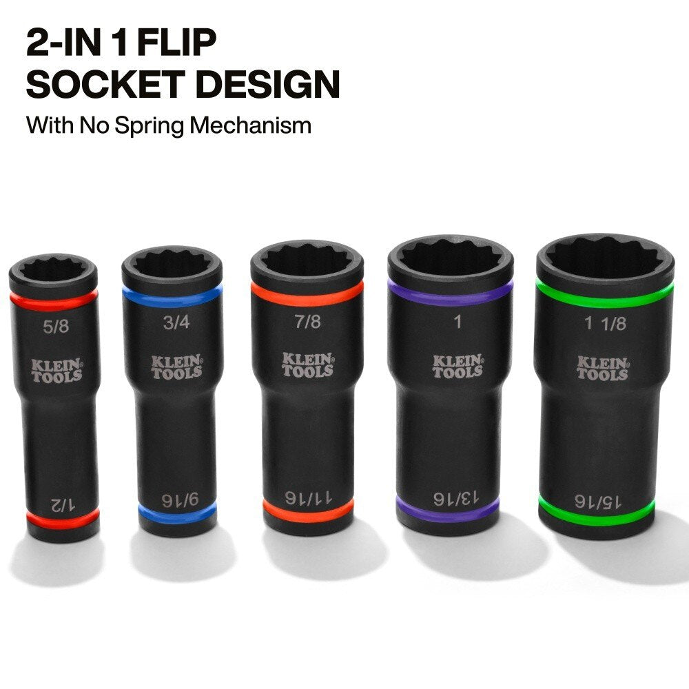 Klein 66055 2-in-1 Impact Flip Socket Set for Linemen with Color ID Bands (5 Piece)