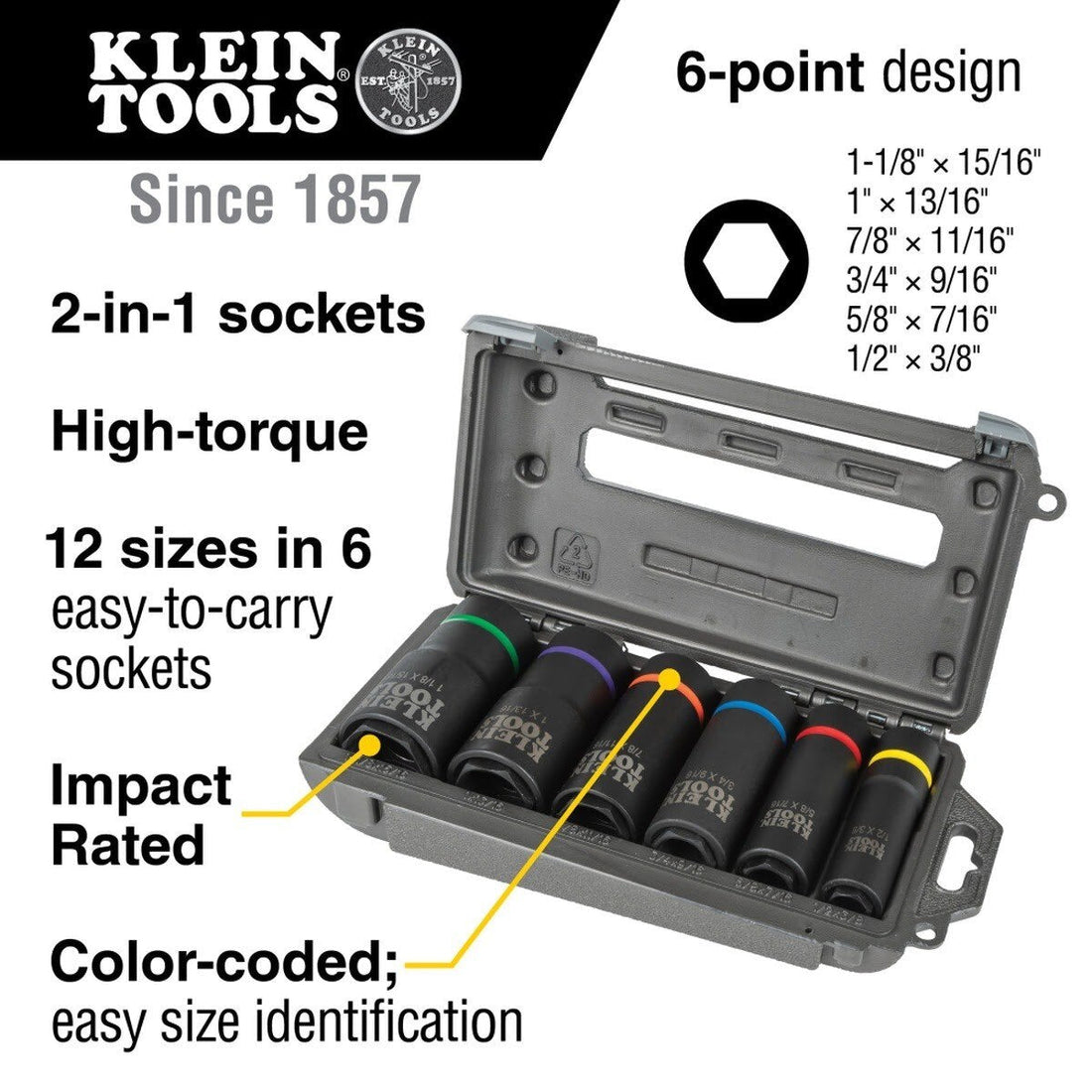 Klein 66060 2-in-1 Impact Socket Set, 6-Point, Deep 1/2 in. Drive (6 Piece)