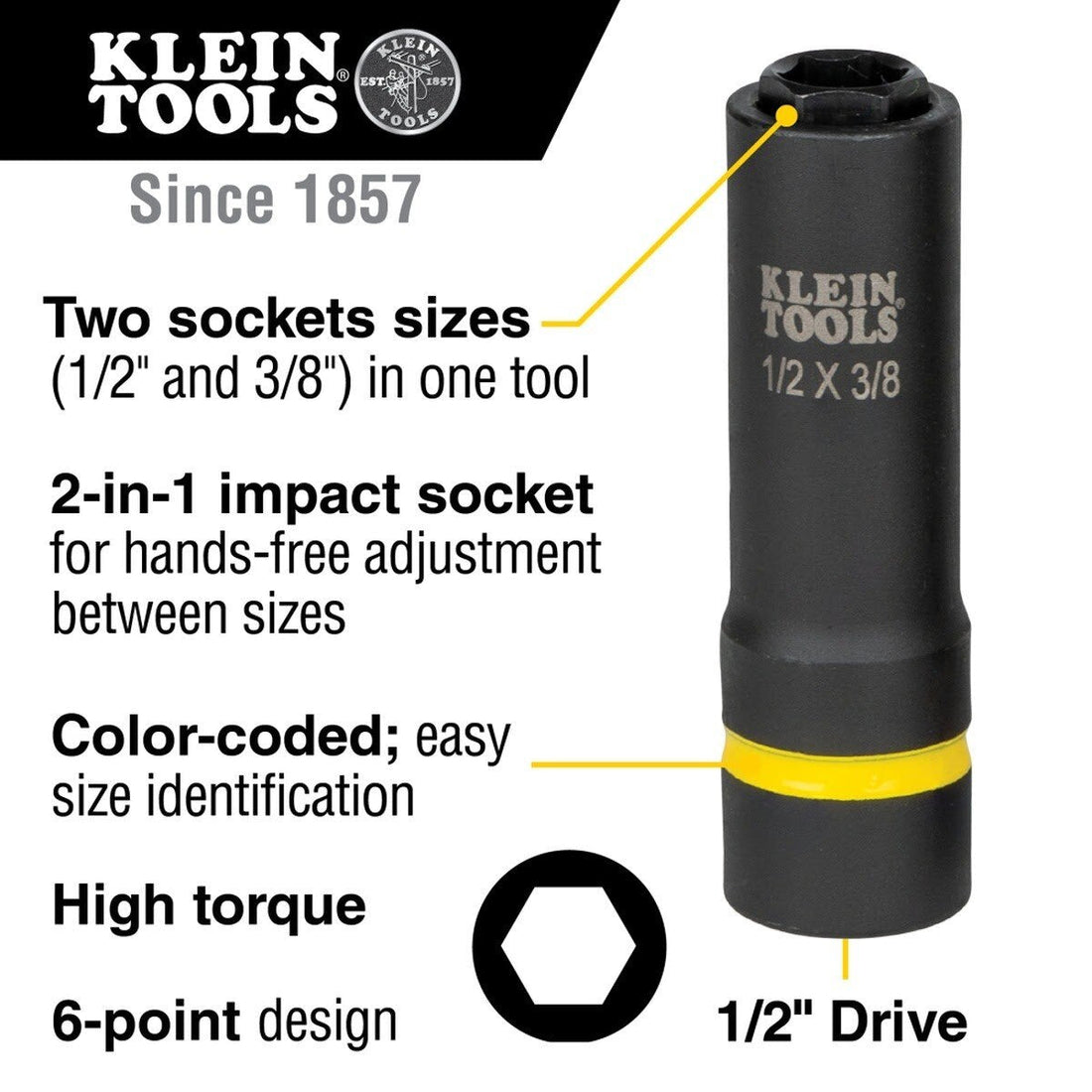 Klein 66061 2-in-1 Impact Socket, 6-Point, 1/2 and 3/8 Inch (Each)