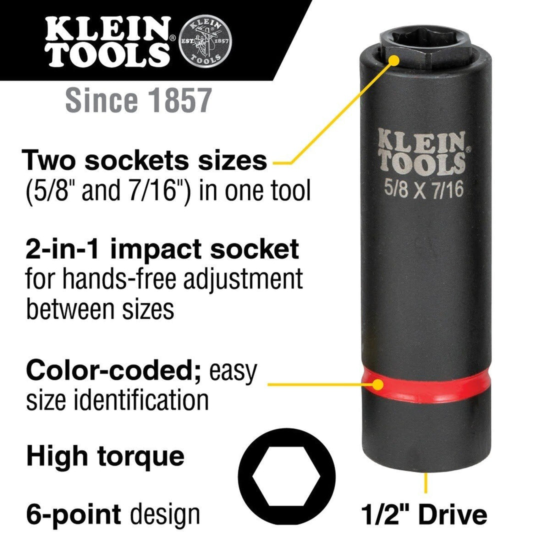 Klein 66062 2-in-1 6-Point Impact Socket, 5/8 in. x 7/16 in., 1/2 in. Drive