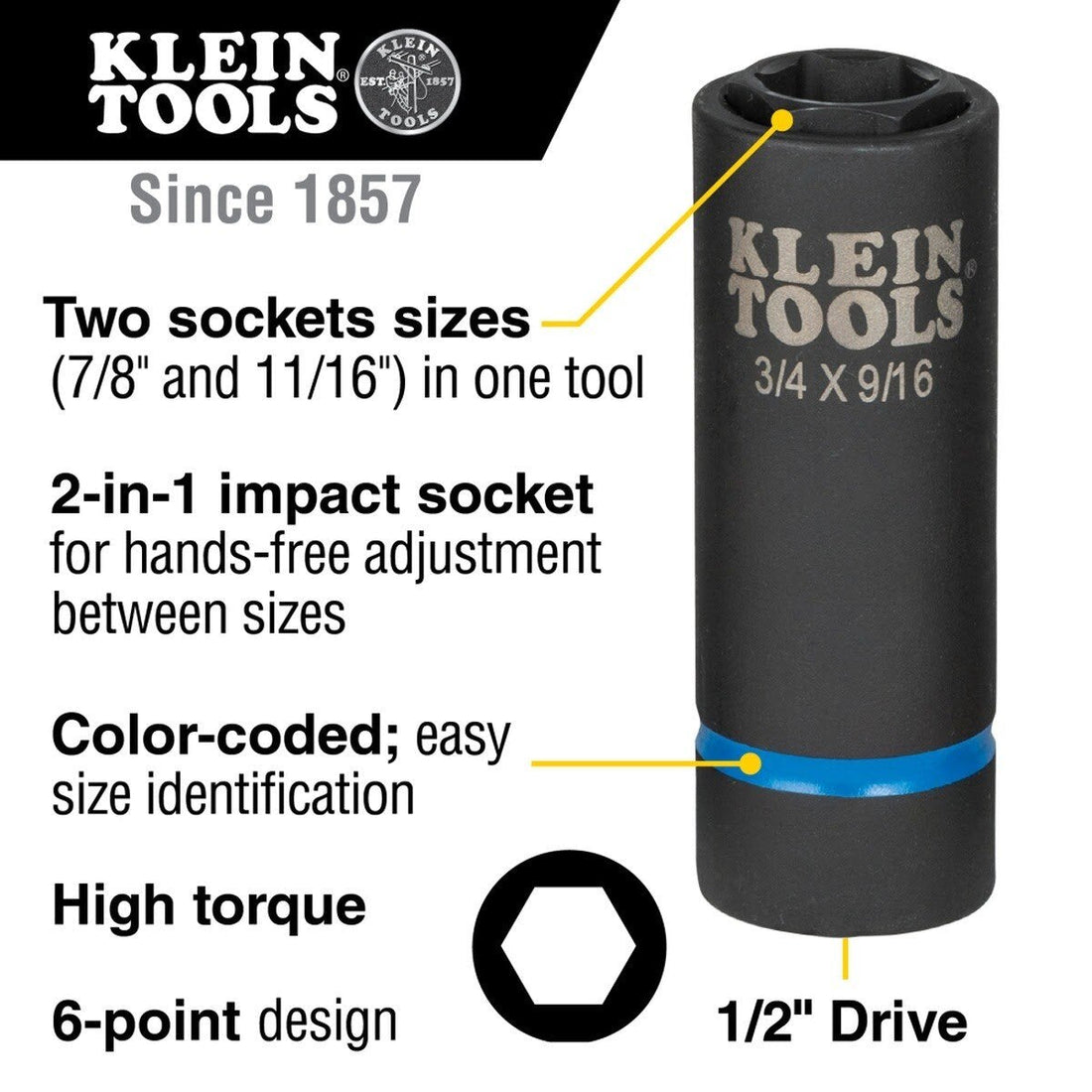 Klein 66064 2-in-1 6-Point Impact Socket, 7/8 x 11/16 in., 1/2 in. Drive
