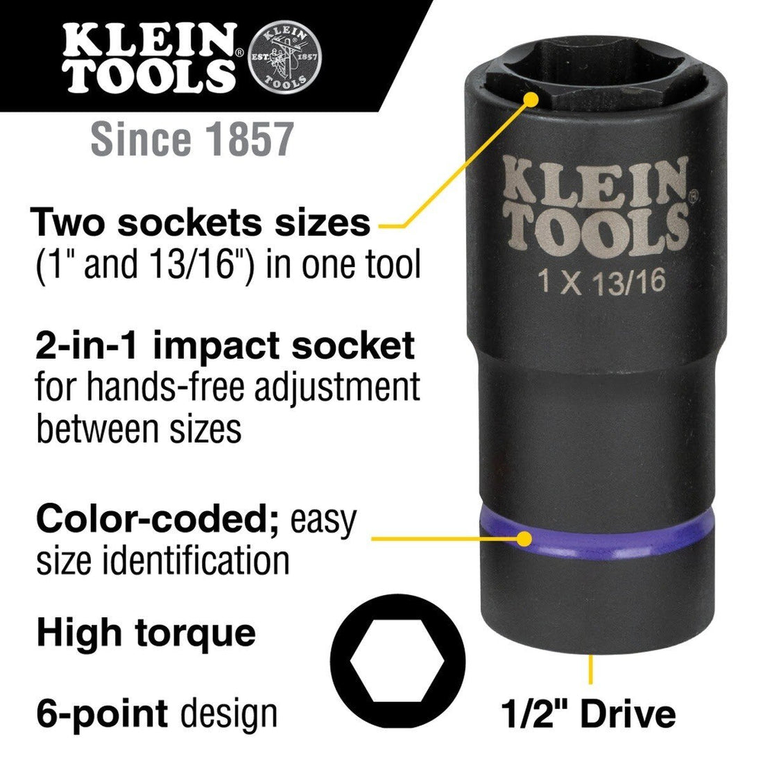 Klein 66065 2-in-1 6-Point Impact Socket, 1 in. and 13/16 in., 1/2 in. Drive (Each)