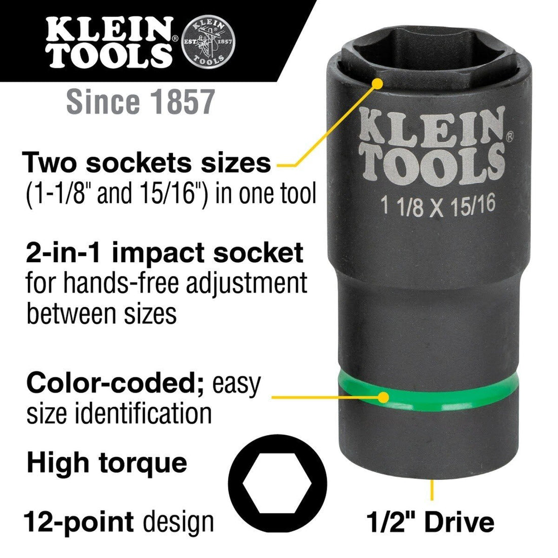 Klein 66066 2-in-1 6-Point Impact Socket, 1-1/8 in. x 15/16 in., 1/2 in. Drive