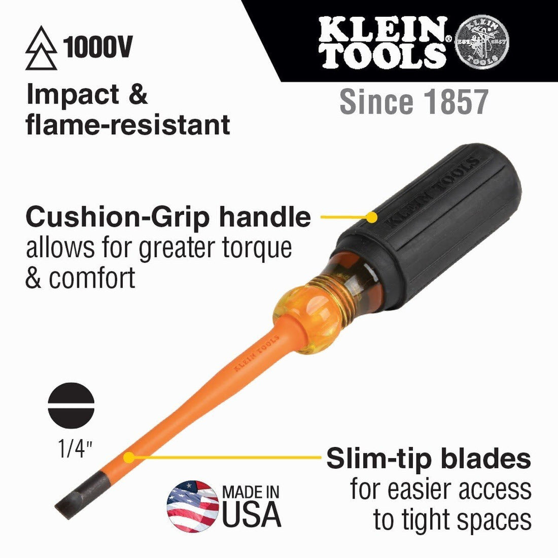 Klein 6926INS Slim-Tip 1000V Insulated 1/4-Inch Cabinet Screwdriver, 6-Inch Shank